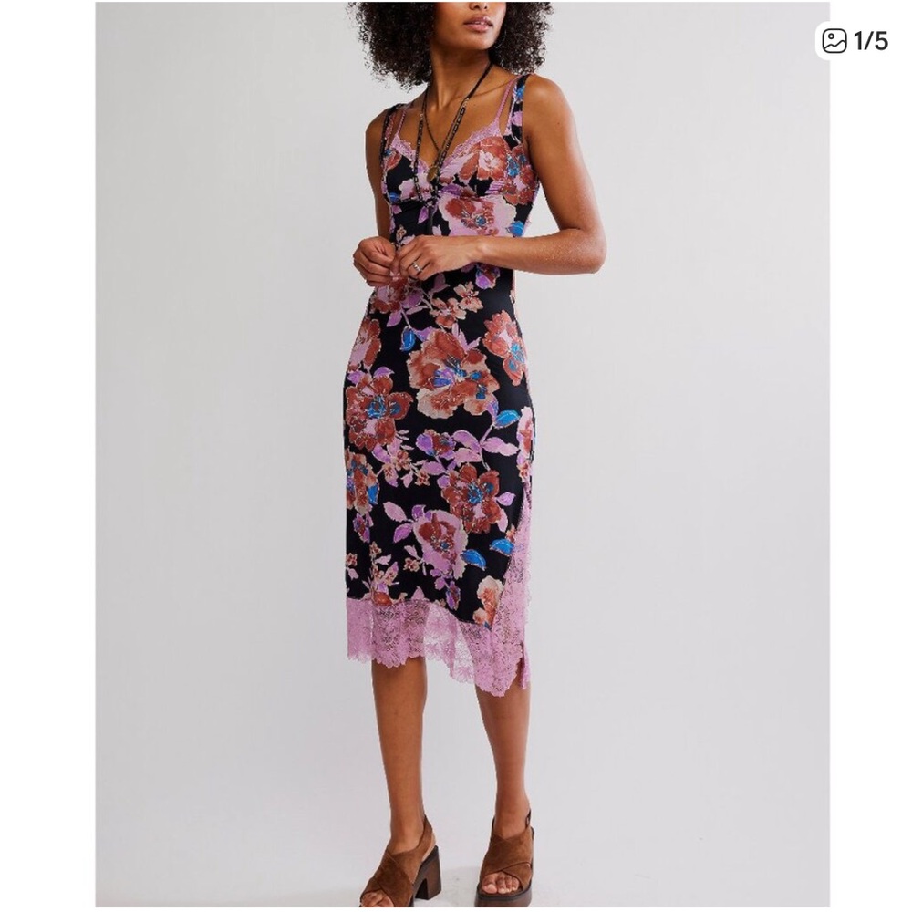FREE PEOPLE Midi Slip• Lace Paneling Open-Back with Faux Double Bust Design NWT